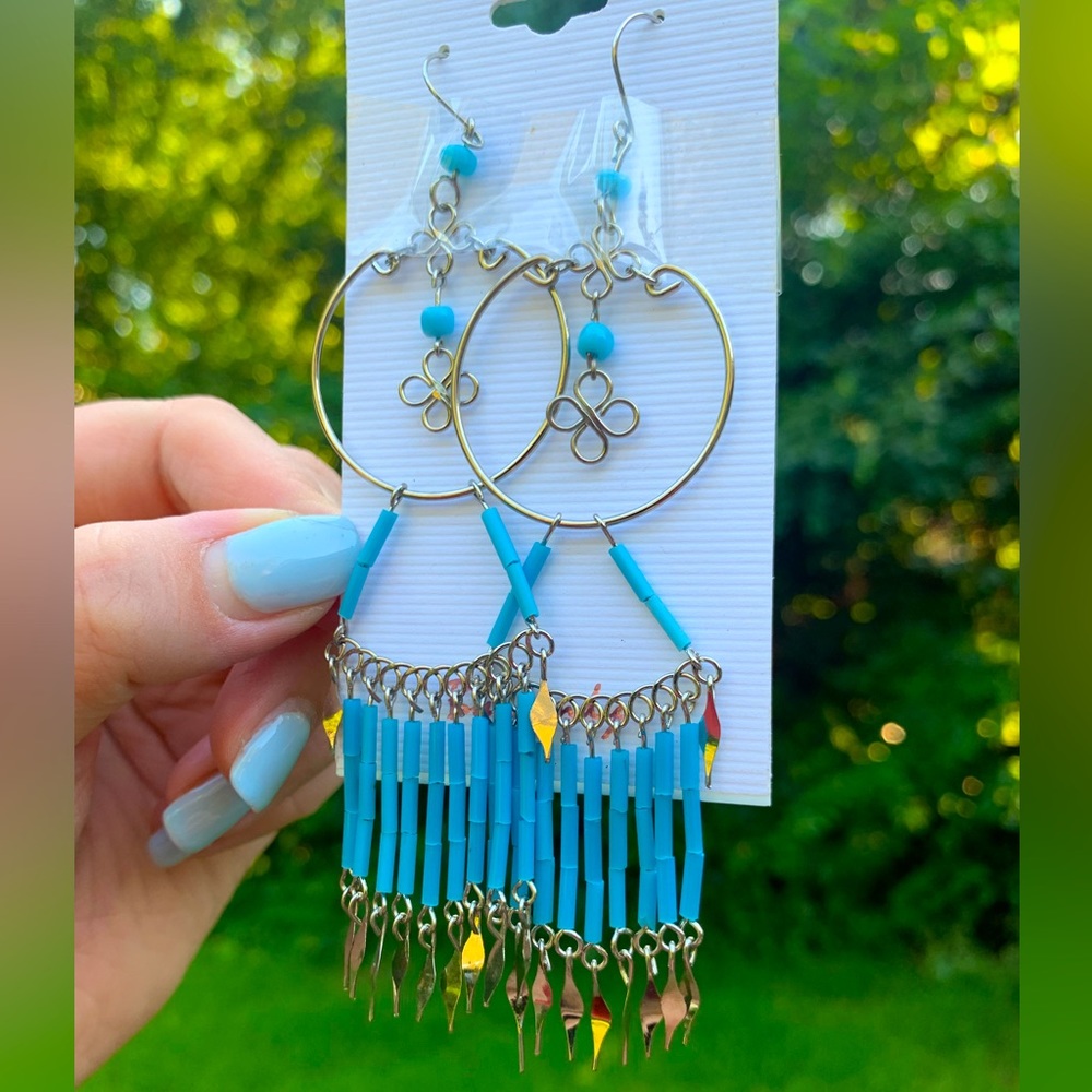 NWT Handmade Beaded Fringe Wire Earrings